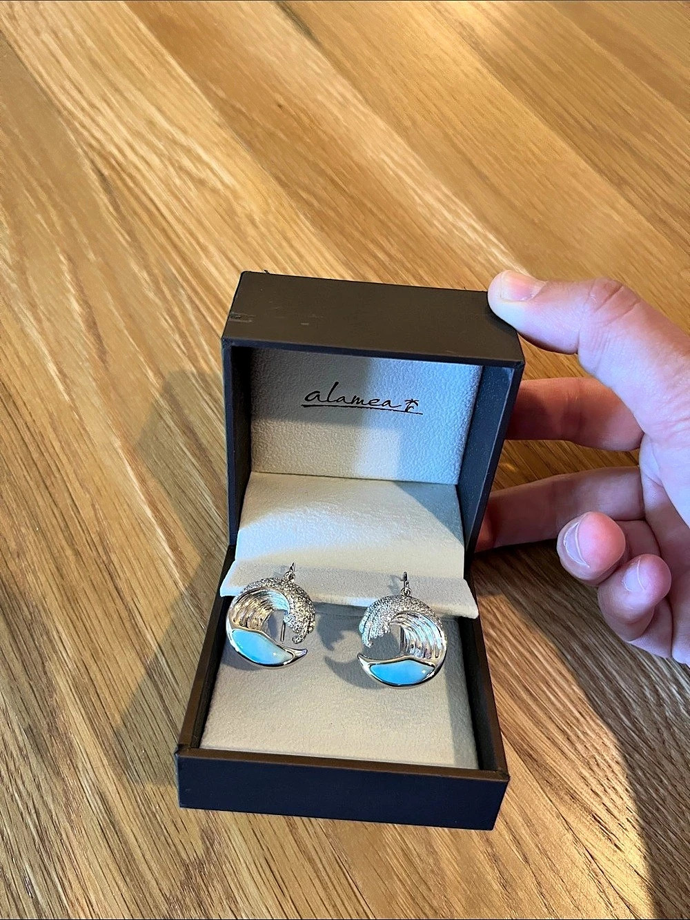 alamea Larimar Pave Wave Hook Earrings in Silver & Blue Like New
